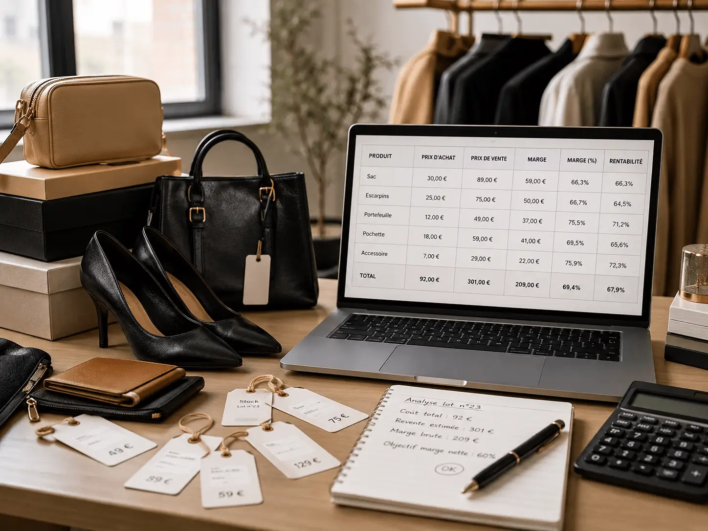 Déstockage de luxe rentable avec produits premium, calcul de marge et revente de lots haut de gamme