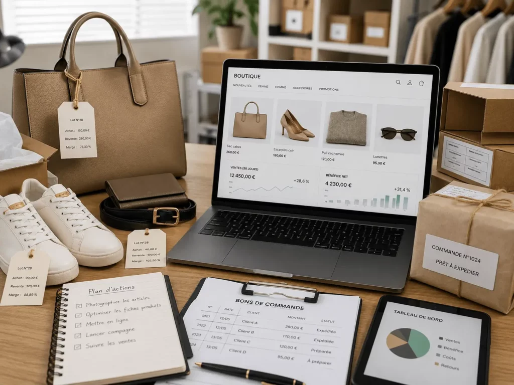 Déstockage de luxe avec contrôle d’un lot rentable, vérification des produits premium et calcul du prix de revente