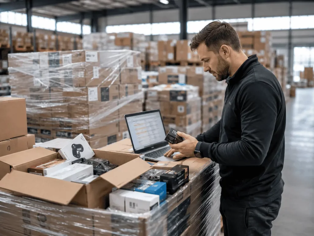 fournisseurs liquidation Allemagne avec analyse de palettes dans un entrepôt e-commerce moderne