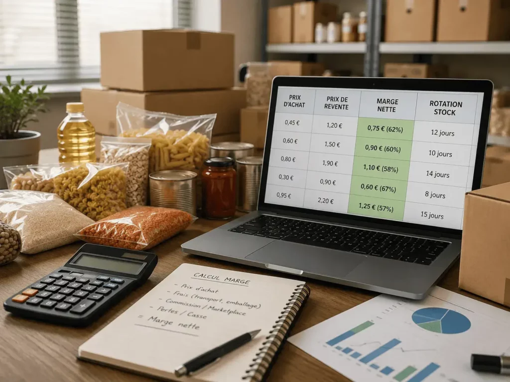 Déstockage alimentaire avec calcul de marge et revente de lots alimentaires