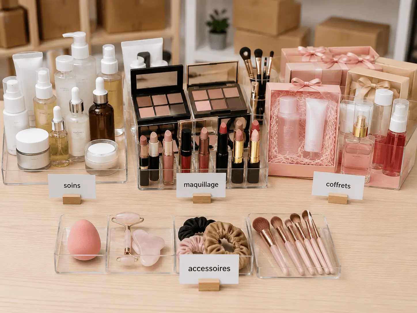 produits-beaute-destockage-rentable-categories.webp Produits beauté déstockage rentables présentés en lot pour la revente e-commerce