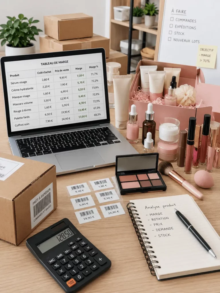 Produits beauté déstockage rentables avec calcul de marge contrôle du stock et revente en ligne
