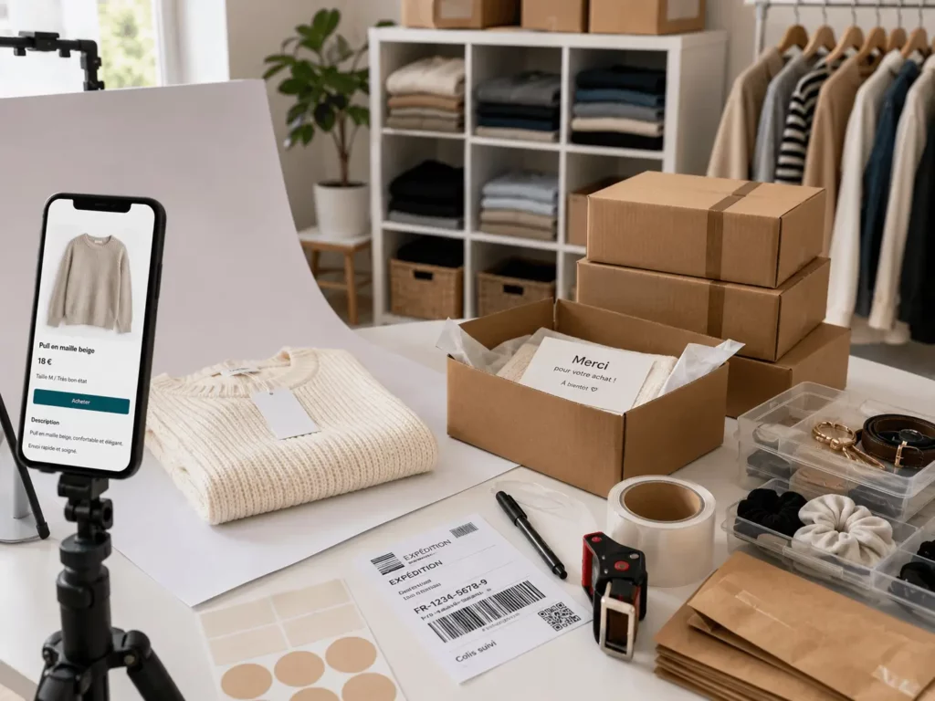Vendre des produits déstockés sur Vinted Pro avec annonce en ligne et préparation de colis