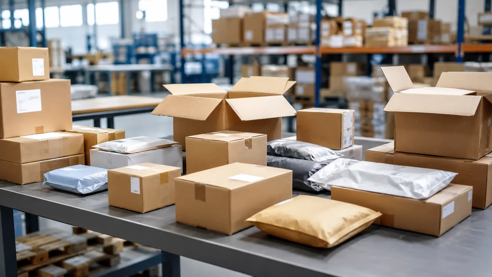 Colis non réclamés triés dans un entrepôt de déstockage e-commerce