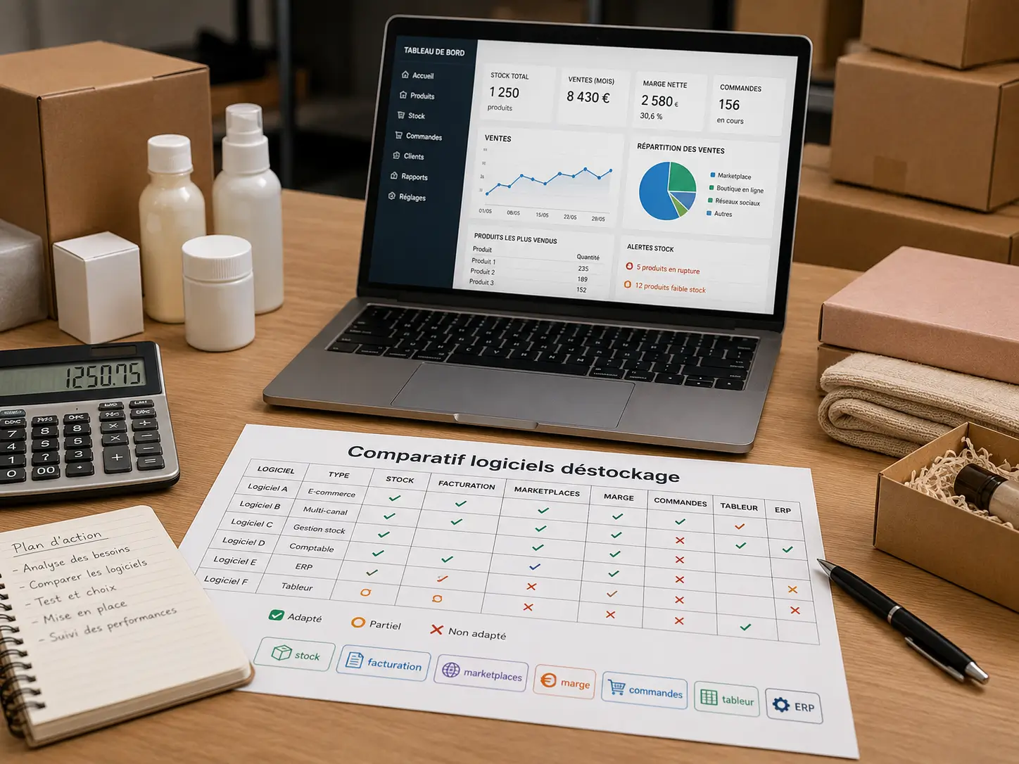 logiciel gestion business destockage avec tableau de bord stock ventes marge et commandes