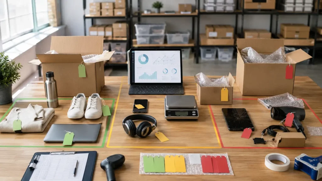 retours e-commerce triés par état avant contrôle qualité et revente