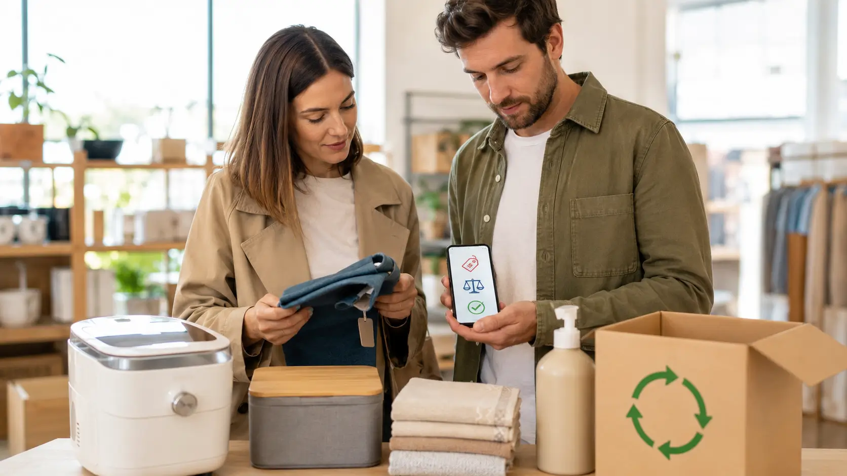 Acheter invendus : consommateurs comparant des produits déstockés à prix réduit