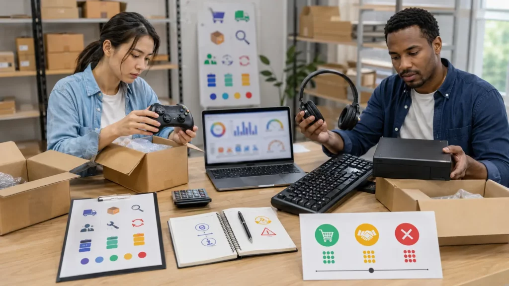 Destockage gaming avec contrôle qualité et calcul de rentabilité avant l’achat d’un lot