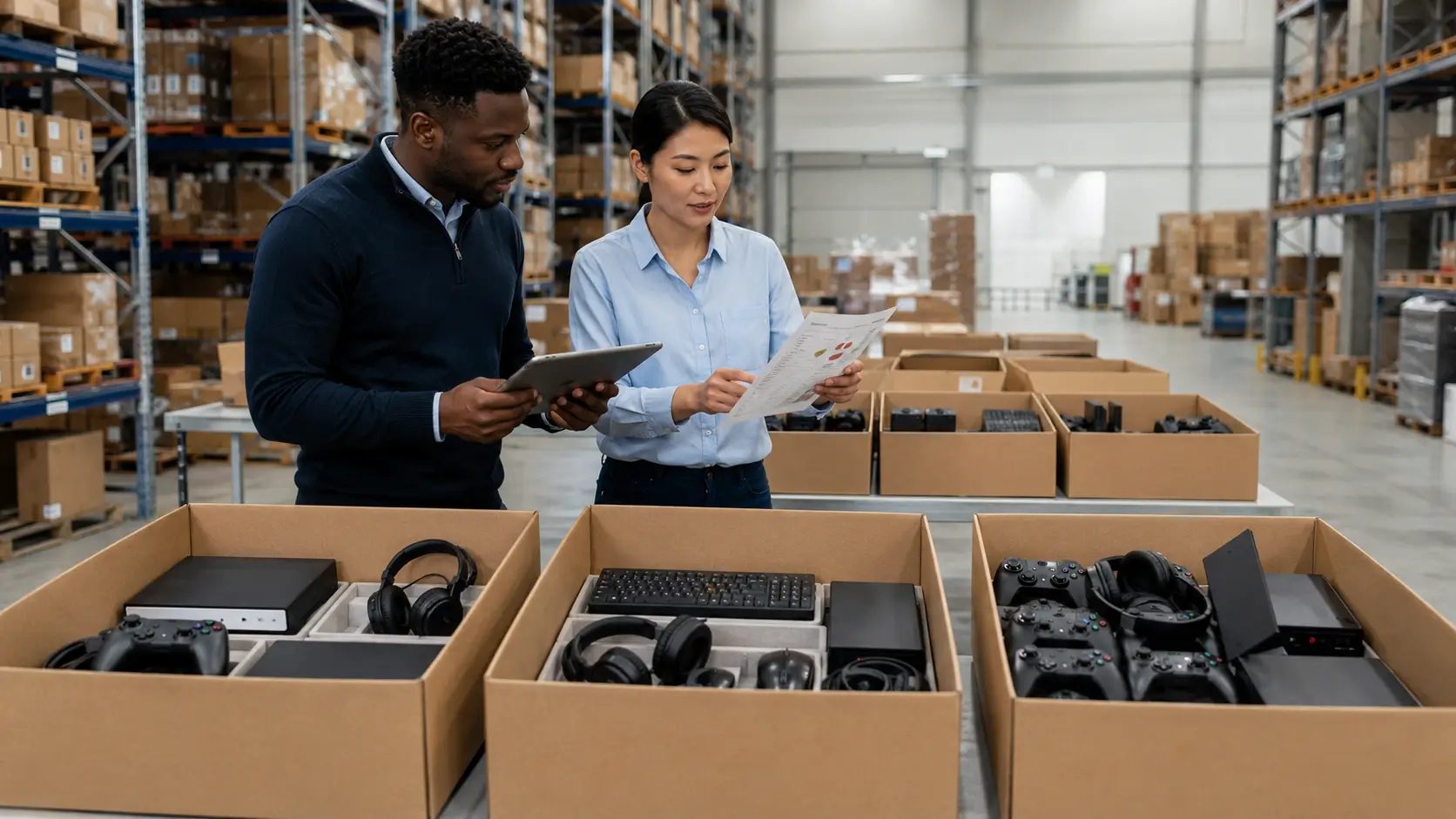 Destockage gaming avec lots de consoles et accessoires contrôlés dans un entrepôt e-commerce