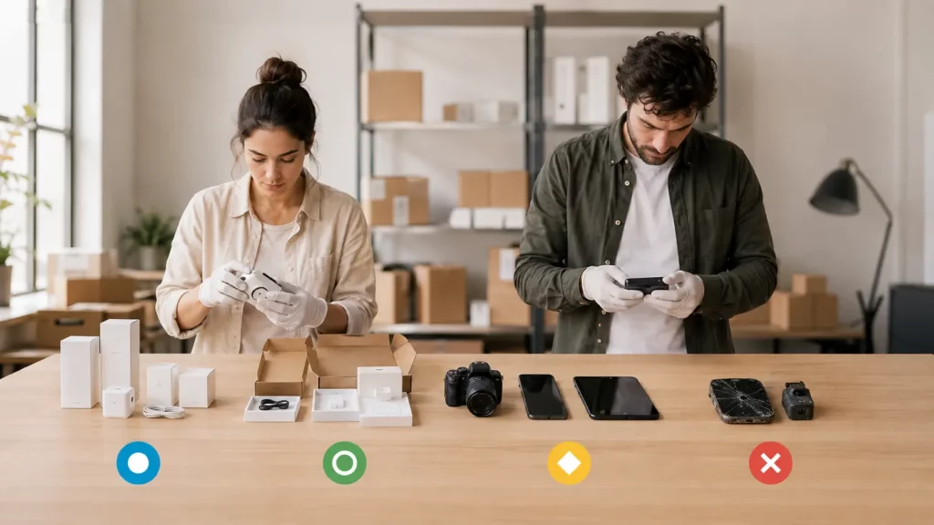 Déstockage seconde main avec contrôle de l’état et tri des produits avant leur mise en vente