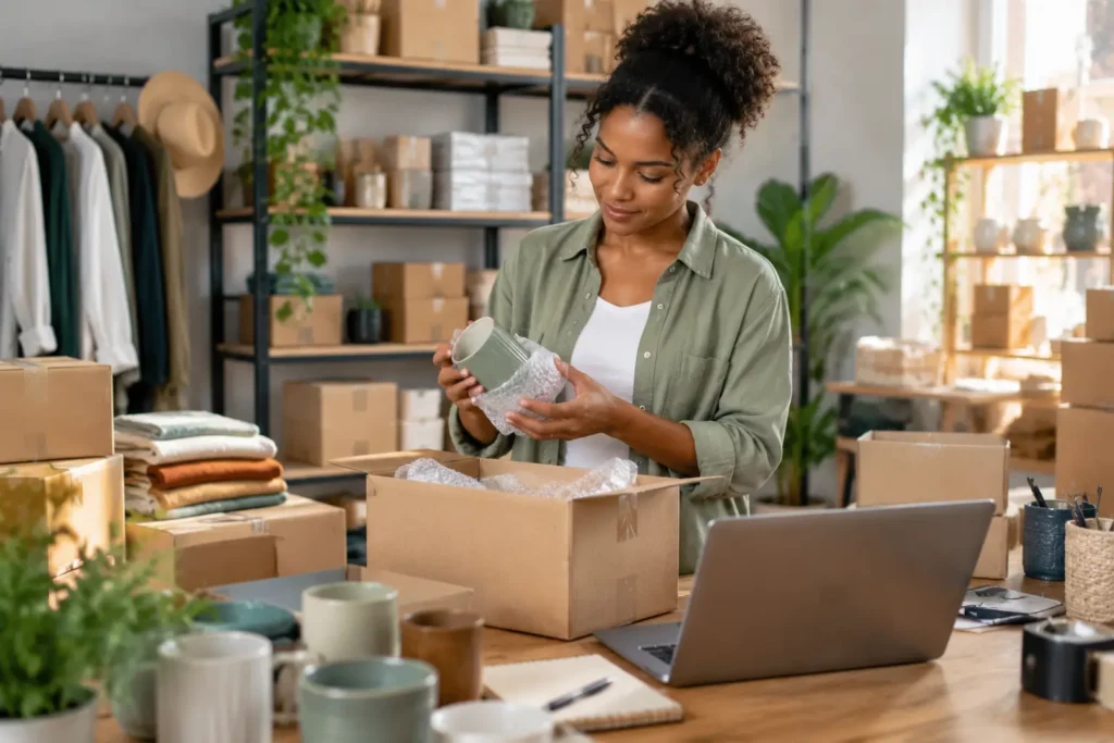 Entrepreneur utilisant des lots de déstockage écologique pour développer une activité de revente durable
