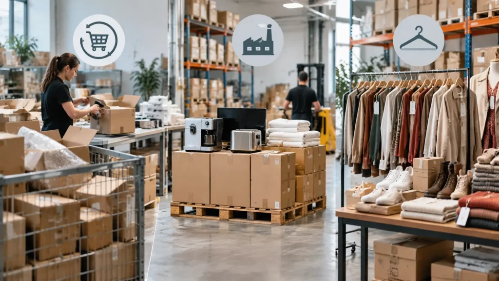 marché invendus illustrant retours e-commerce, surplus et fins de série