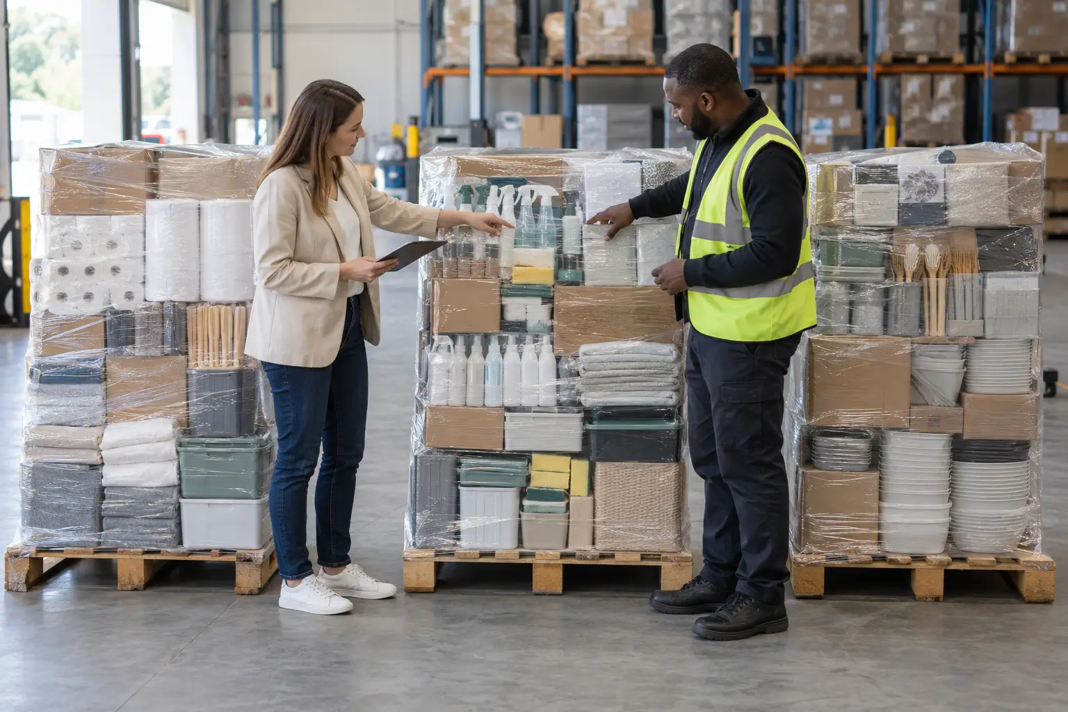 Revendeuse examinant des palettes dans l’entrepôt d’un distributeur avant un achat palettes distributeurs