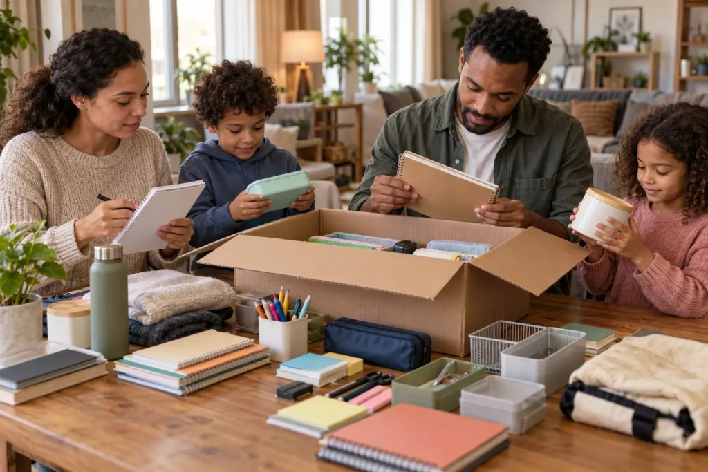 Une famille vérifie le contenu d’un lot avant d’acheter gros en déstockage