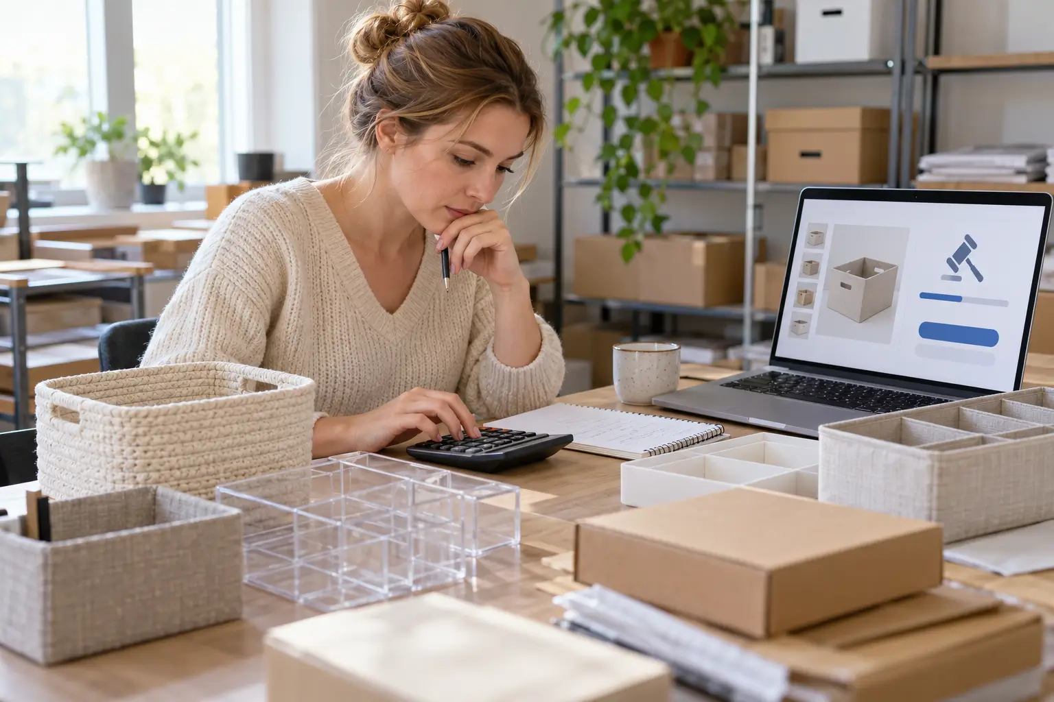 Enchères destockage revendeurs : une professionnelle calcule son offre maximale avant de miser