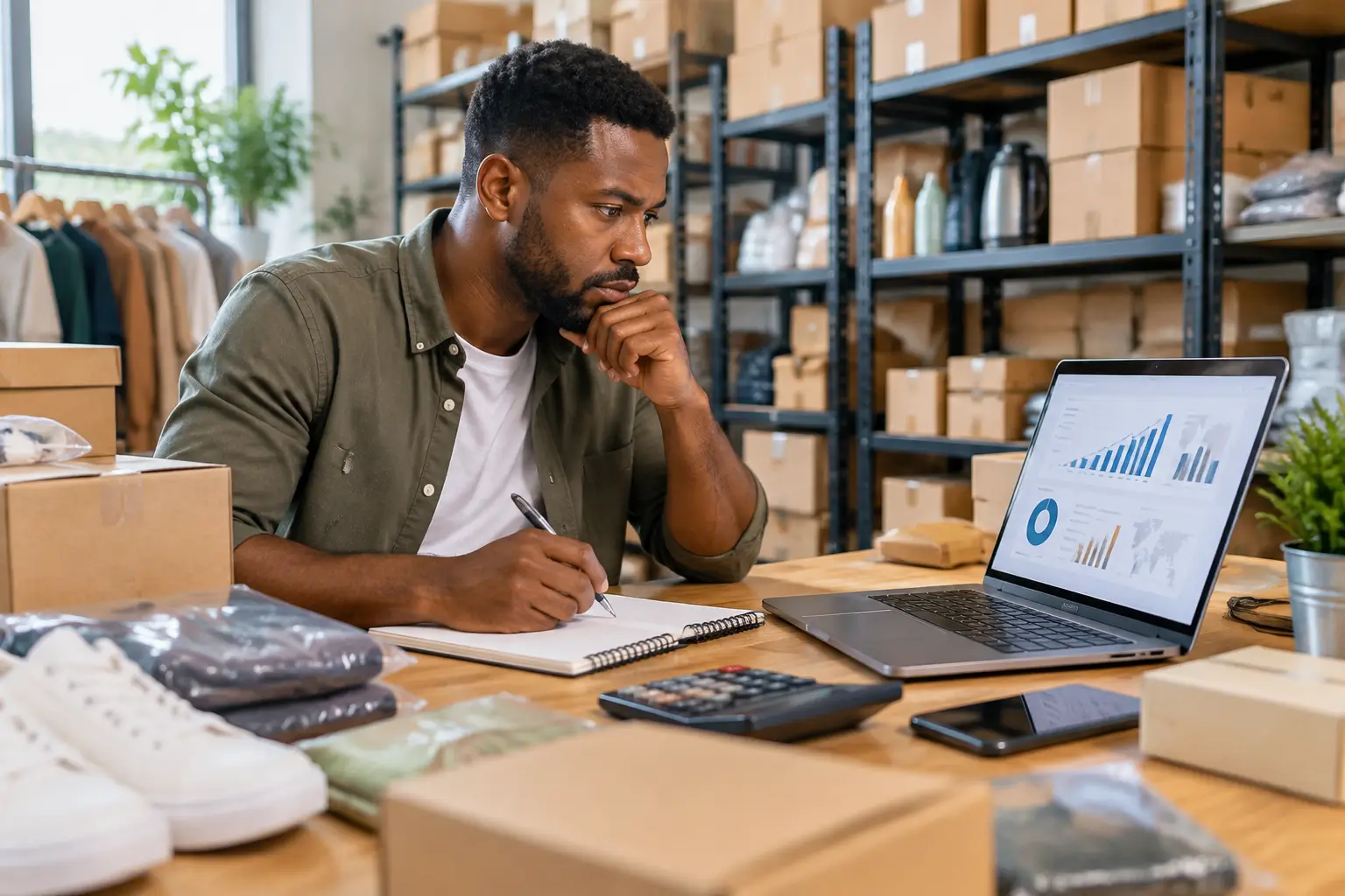 Scaler business destockage : revendeur analysant les ventes, les stocks et la croissance de son activité